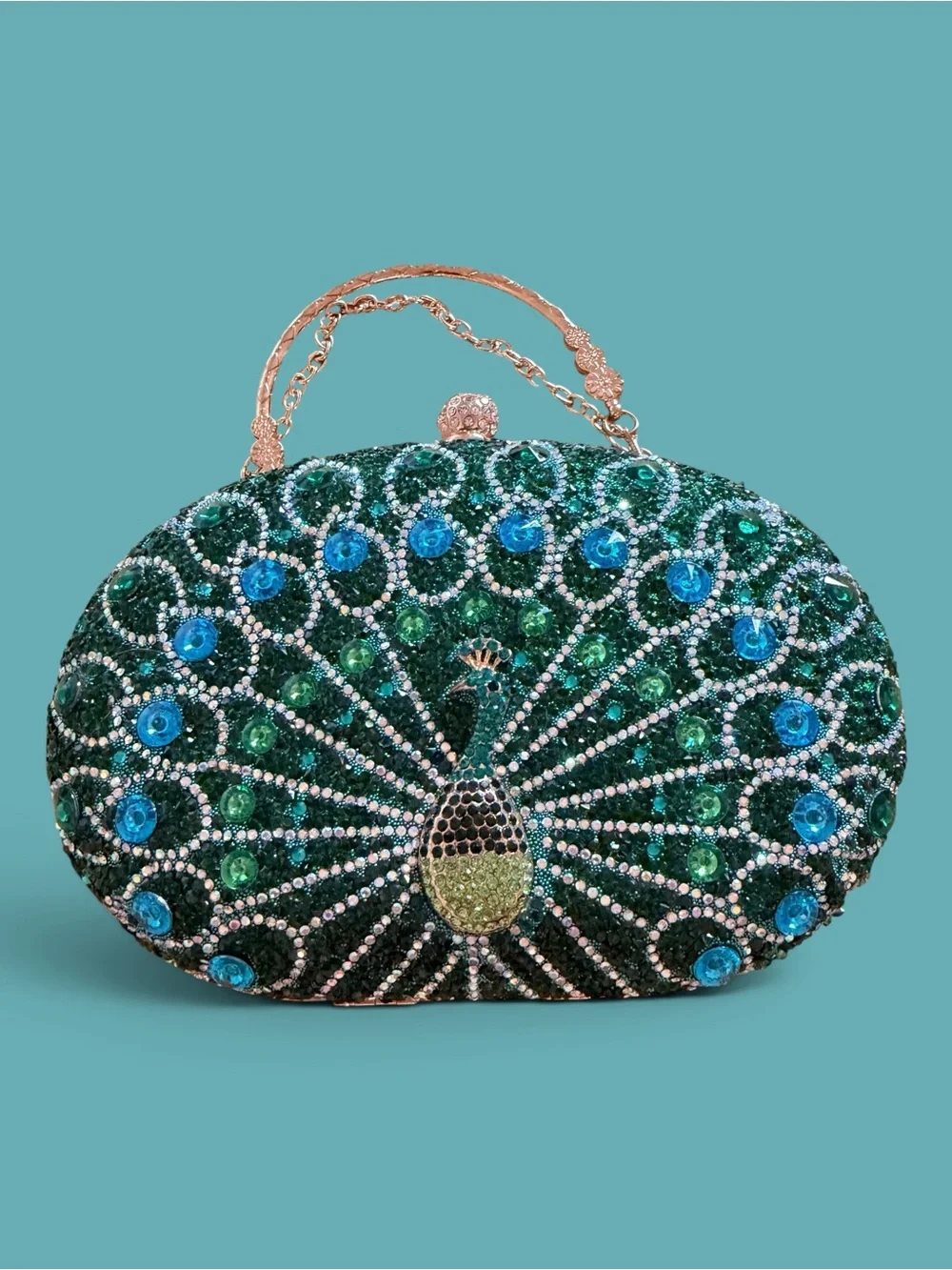 Green Peacock Crystal Evening Clutch with Gold Tone Chain